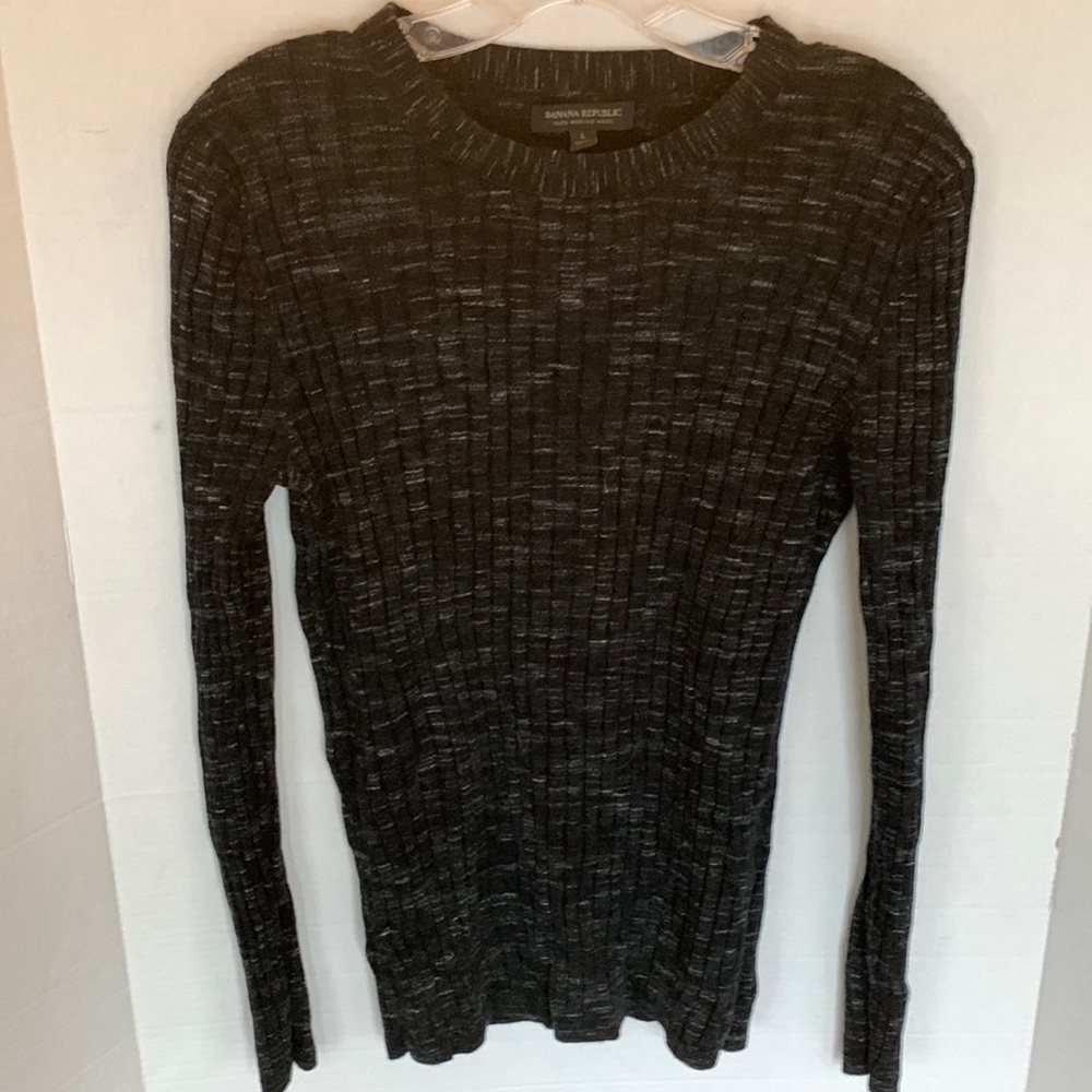 L Mens Wool Sweater Long Sleeve Ribbed Black White Banana Republic